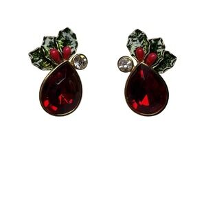 Avon Christmas Holiday Stud Earrings Holly Berry Red Tear Drop Rhinestone‎